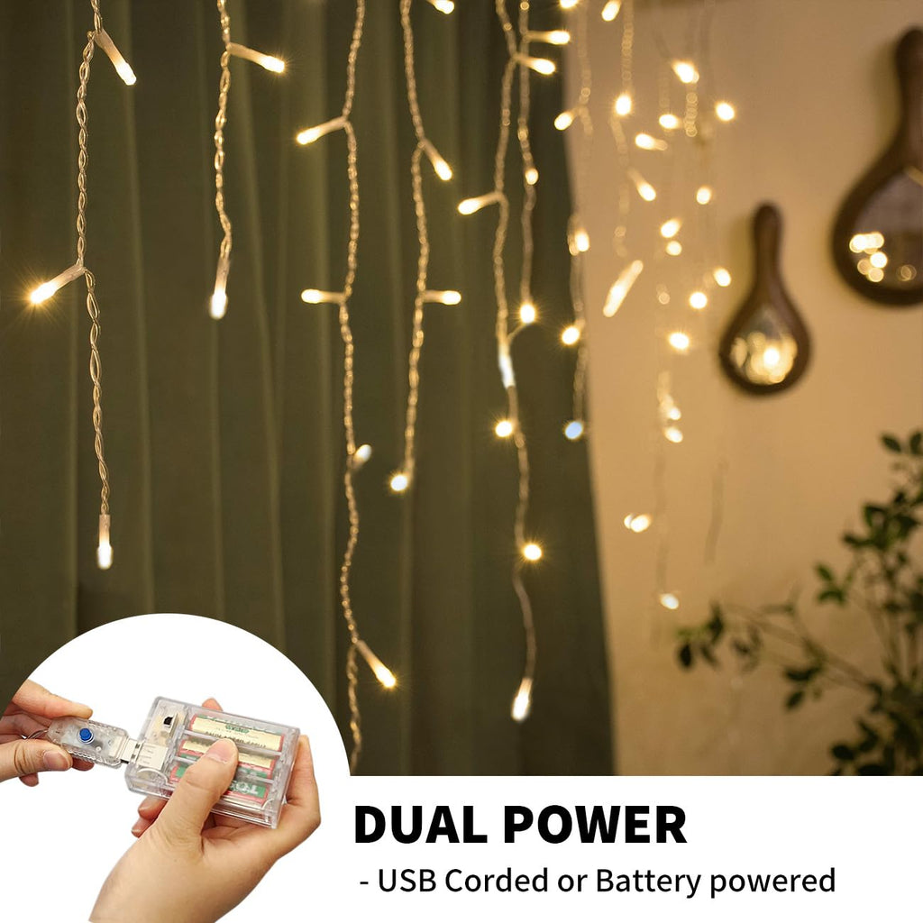 TUSLUZ 13ft Icicle Christmas Lights 96 LED, USB/Battery Powered, Remote Timer, 18 Drops Curtain Fairy Light for Wedding Christmas Halloween Party Room Decoration (Warm White)