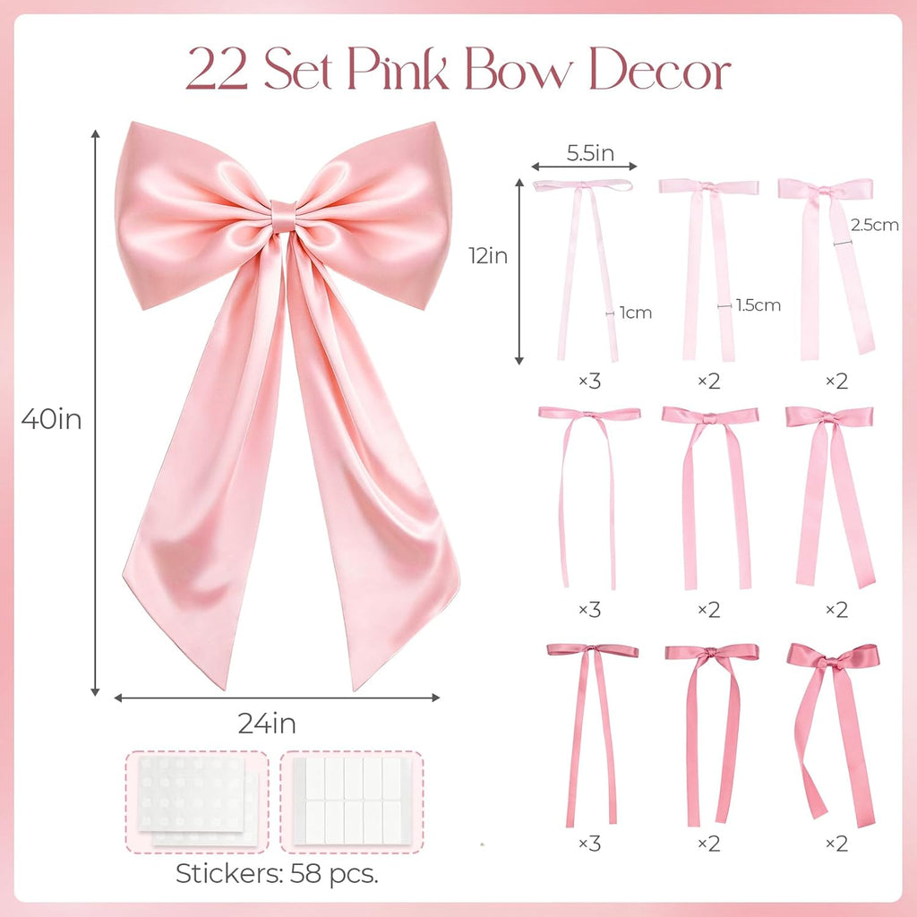 Skiennix Large Pink Bow Set - 22Pcs Giant Satin Bows (40x24 Inch) & 21 Small Bows for DIY Decor