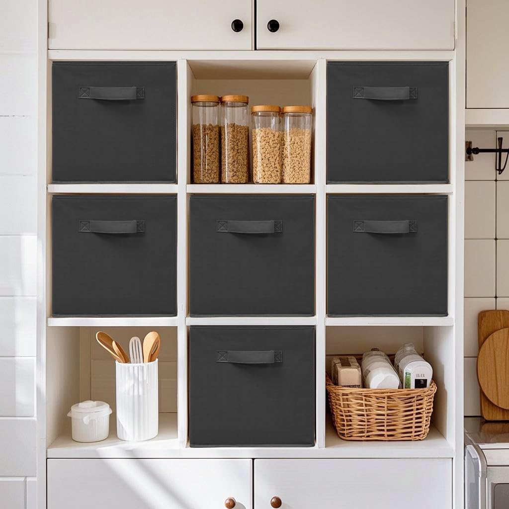 Skiennix 11 Inch Fabric Storage Cubes - Sturdy Foldable Bins for Clothes & Blankets | 8 Pack, Black