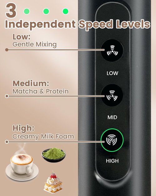 NeoRaydia Rechargeable Electric Milk Frother Handheld, 3-Speed Wireless Preventing Splashing Drink Mixer with Stand, 10-Second Frothing for Coffee, Matcha, Latte, Cappuccino, and Protein Shakes, Black
