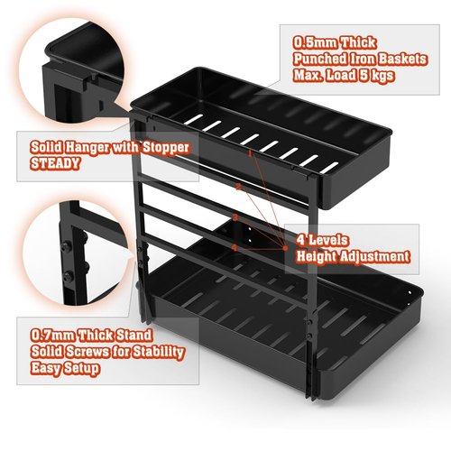 EVERIE Height Adjustable 2 Tier Metal Pull Out Slide Shelf Organizer for Under Sink Cabinets in Kitchen, Bathroom, with Snap-on Top Tray, 16" Deep (Black, 2 Sets)