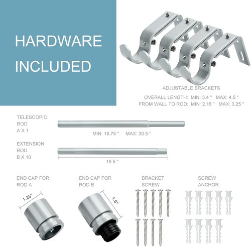 Byondeth Adjustable Curtain Rods - 16 to 170 Inches, 1 Inch Diameter, Silver Gray with Aluminum End Caps