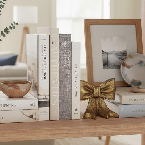 Remenna Gold Bow Metal Bookends Set of 2 Heavy Duty Cast Iron Book Ends for Heavy Books Unique Modern Decorative Book Holders for Shelves Home Accent Decor