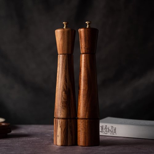 DeroTeno Salt and Pepper Mill Set, Adjustable Ceramic Grinder Salt Mill, Stainless Steel Grinder Pepper Mill, Acacia Wood, 32 cm / 12 inch Height, Bottom Dia 6cm (Tray is NOT Included)