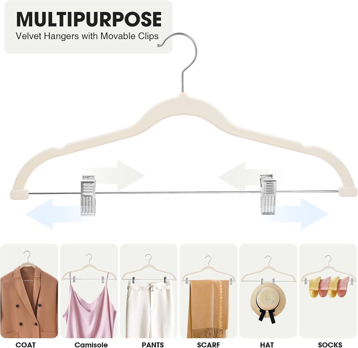 Skiennix 24-Pack Velvet Hangers - Adjustable Non-Slip Clips for Space-Saving Storage | Beige