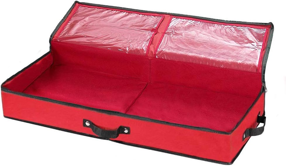 Primode Wrapping Paper Storage Container - Under Bed Gift Wrap Organizer for 30-Inch Rolls | 31”x13.5”x4.5” | Durable 600D Oxford Material with Pockets for Ribbons and Bows (Red)