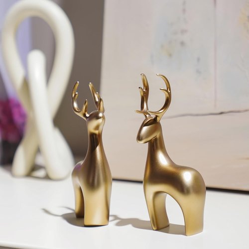 Braxio Deer Statue | 2-Piece Gold Resin Reindeer Sculpture for Home Decor & Office Accent