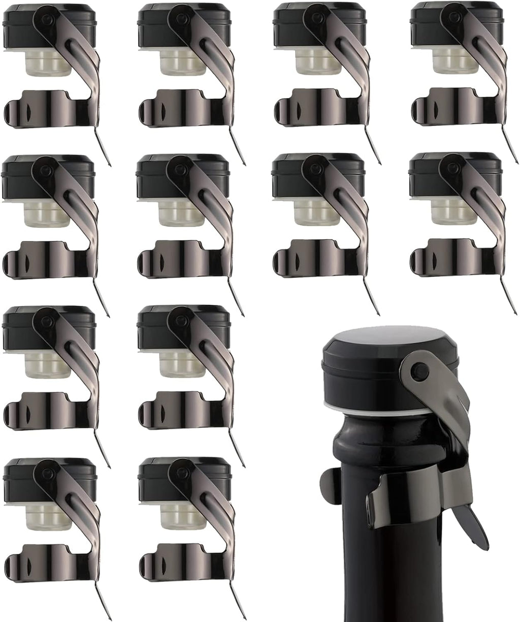 WOTOR Champagne&Wine Bottle Stoppers Stainless Steel with Food Grade Silicone, Leak Proof Keep Fresh Reusable Saver, Cork Suitable for Wine, Champagne, Cava, Prosecco and Sparkling (12 Pack Black）