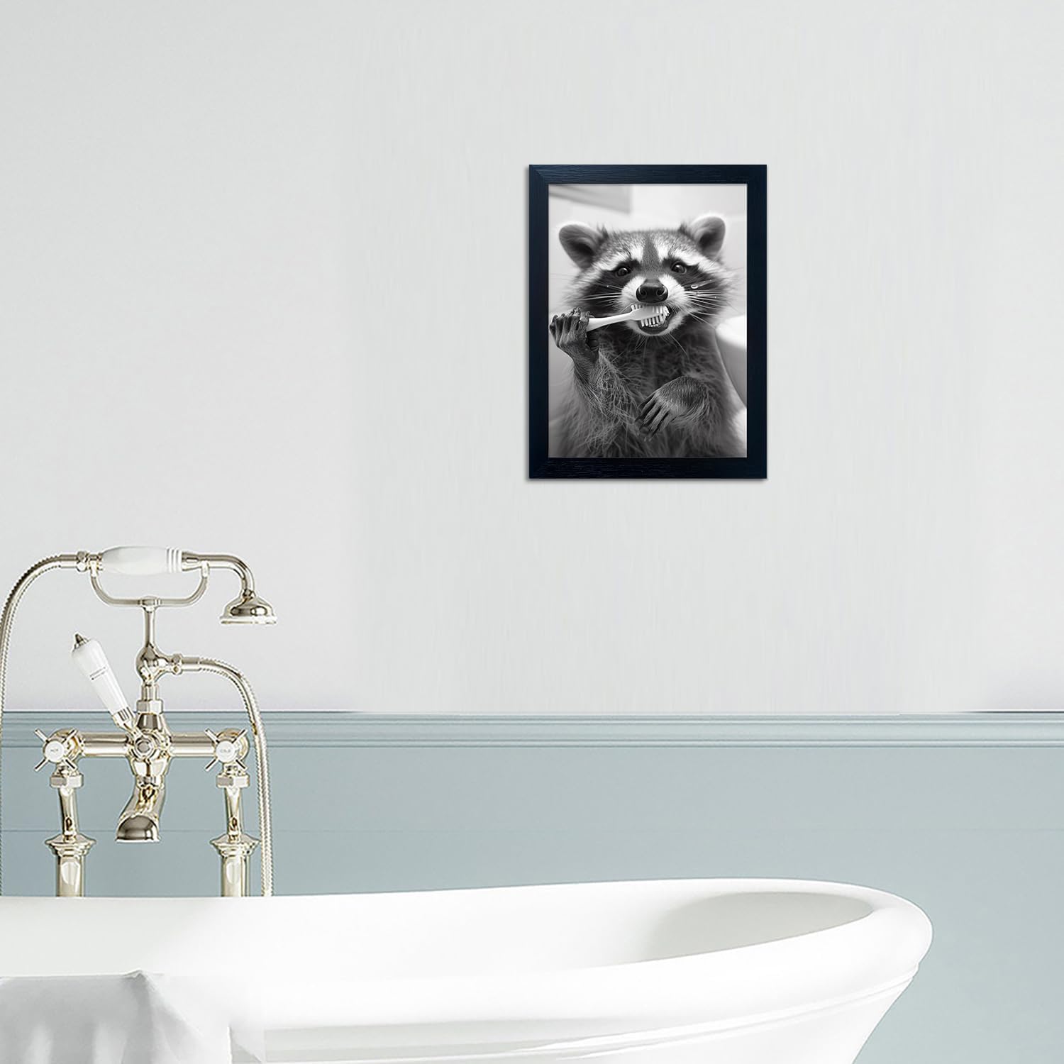 Raccoon Bathroom Art | Funny Black and White Animal Wall Decor | Framed Brushing Teeth Print