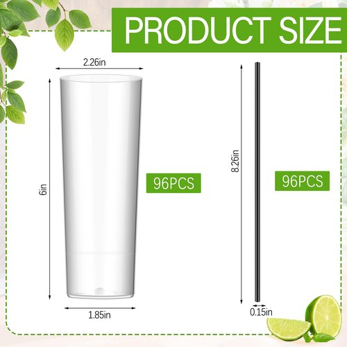 Acellegic Plastic Highball Glasses with Straws(Set of 96), 10 oz Shatterproof Drinking Cups, Tall Whiskey Collins Glass with Straws, Smoothie Tumbler Mojito Cocktail Cups for Wedding Fall Xmas Party