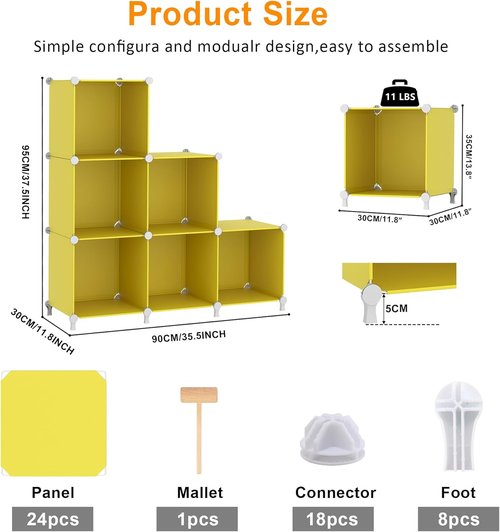 AWTATOS Cube Storage Organizer - 6 DIY Stackable Closet Organizers for Bedroom | Yellow Plastic Shelving
