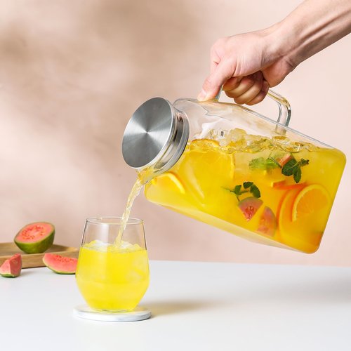 1 Gallon Square Glass Pitcher with Lid and Spout, Borosilicate Glass Carafe for Hot/Cold Drink, Water Pitchers with Handle for Fridge, Extra Large Jug for Iced Tea, Coffee, Juice, Beverage
