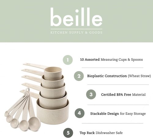 Beille Measuring Cups & Spoons Set - 10pc Wheat Straw Cooking & Baking Tools