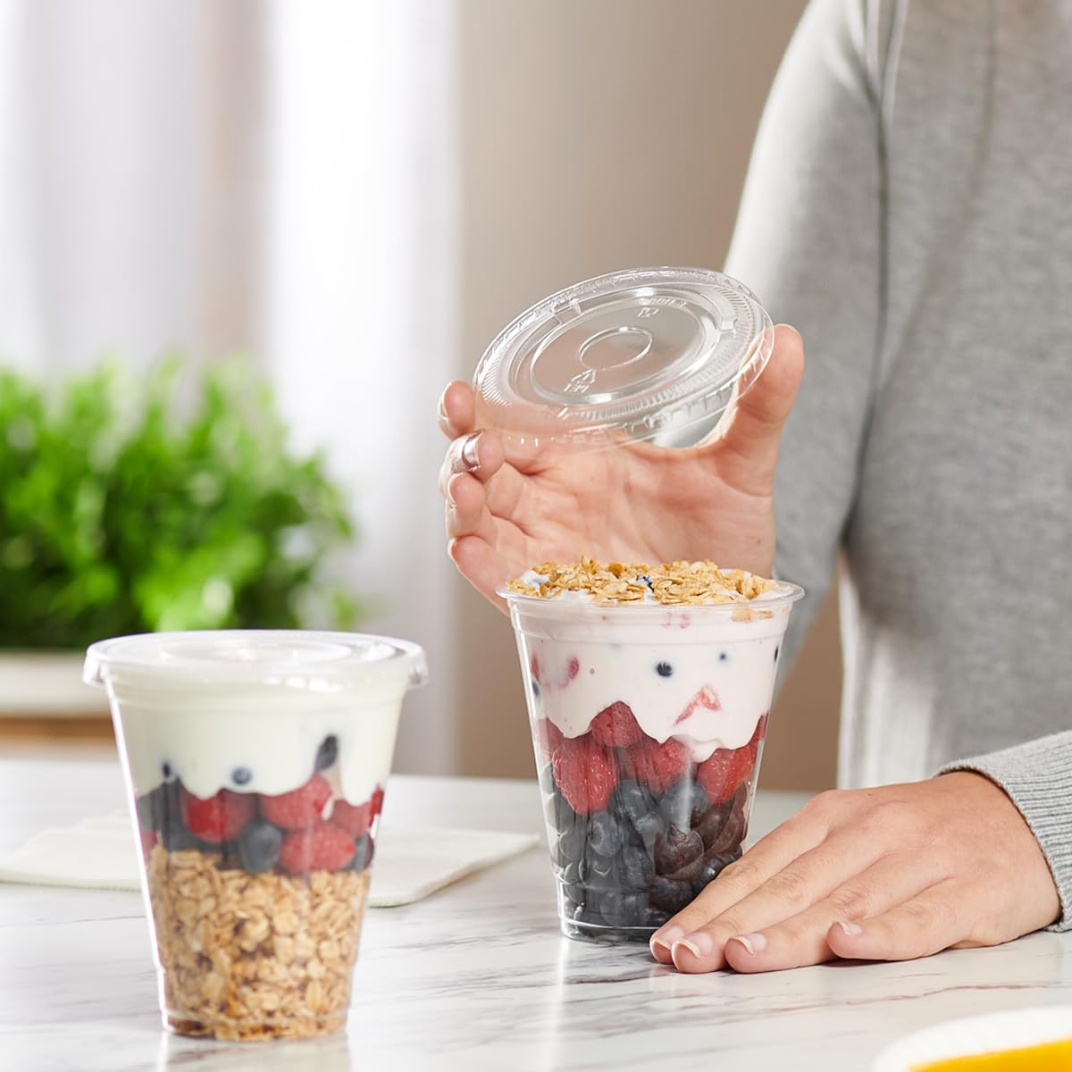 GUSTO 12 oz. Clear Plastic Cups With Flat Lids 50 Count (No Hole), Fruit Cups with Lids for Party - Perfect for Smoothies, Milkshakes, and To-Go Beverages -(Formelry Comfy Package)