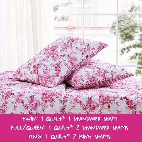 Betsey Johnson - Quilt Set, Reversible Brushed Microfiber Bedding with Matching Shams, Diamond Stitched Bedroom Decor (Floral Vineyard Pink, Queen)