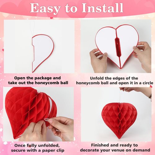 Heart Honeycomb Ball Valentine's Day Party Decoration 16Pcs Red Pink Heart Shaped Tissue Paper Pom Poms Valentine Hanging Decoration for Valentine's Day Engagement Wedding Bridal Shower Party Supplies