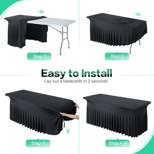 Black 8FT Spandex Tablecloth for 8FOOT Rectangle Tables, 4 Pack Stretchy Wrinkle Free Table Cloths for Parties Wedding Birthday Baby Shower