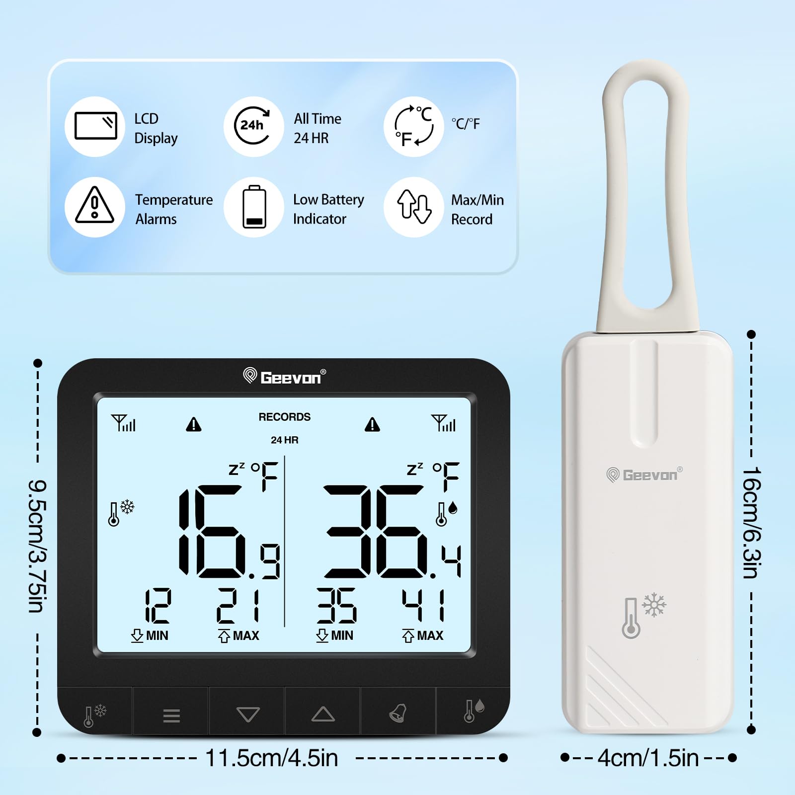 Geevon Digital Wireless Refrigerator Thermometer with Alarm, Low Battery Warning Icon, Max/Min Temperature LCD Display, Suitable for Domestic or Commercial Use Freezer Thermometer with Alarm