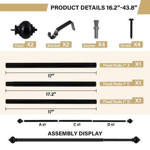 H.VERSAILTEX Curtain Rods for Windows 16.2 to 43.8 Inches 1 inch Diameter Adjustable Decorative Telescoping Curtain Rod with Brackets Heavy Duty Splicing Window Rods with Decorative Finials, Black