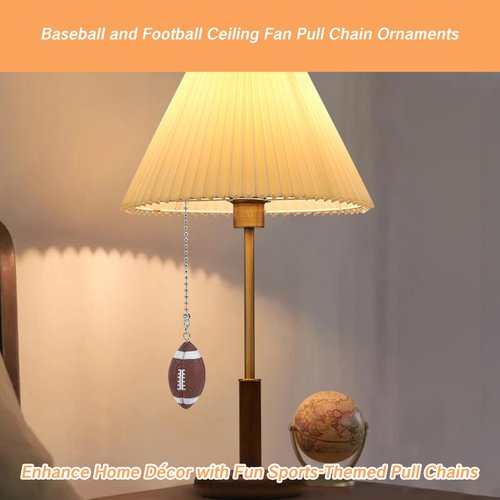 BRBASAP 2Pcs Ceiling Baseball Football Pull Fan Chain Set 12'' Sports Fan Pulls Nickel Decorative Extension for Ceiling Light Lamp Fan Chains Unique Long Cord Puller Ornaments
