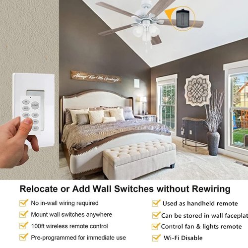 Nexete Universal Ceiling Fan Remote Control Kit,Wireless Wall Mounted Remote Control Switch & Receiver Replacement for Hunter Westinghouse Honeywell Hampton Bay (1-Pack Receiver & Scene Remote)