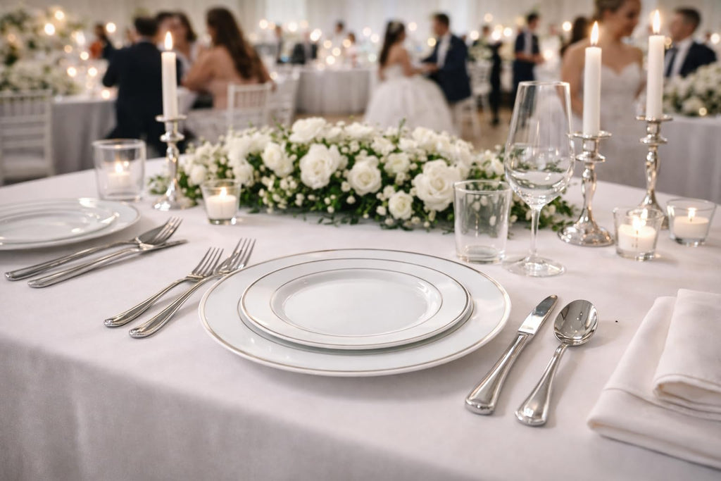 OCCASIONS 50pc Disposable Plastic Plates for 25 Guests - Heavy Duty Hard Fancy Plates Set, China-Like Look - 10.5" Dinner & 7.5" Salad/Dessert for Wedding Party, BPA Free (White & Silver Rim)