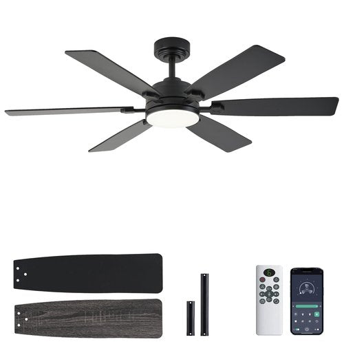 lspmke Ceiling Fan with Light and Remote, 52 Inch Ceiling Fans with Lights, Downrod Mount, Reversible DC Motor, 3CCT, Dimmable, Quiet, Black Ceiling Fan for Bedroom, Livingroom Indoor/Outdoor Use