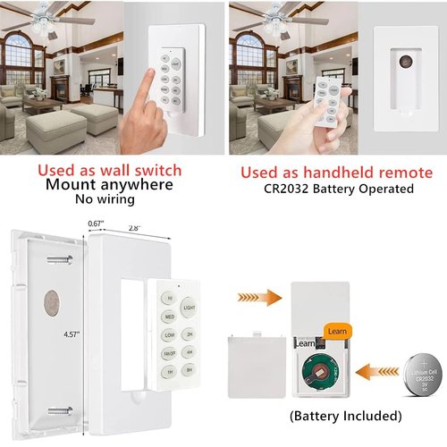 Nexete Universal Ceiling Fan Remote Control Kit,Wireless Wall Mounted Remote Control Switch & Receiver Replacement for Hunter Westinghouse Honeywell Hampton Bay (1-Pack Receiver & Scene Remote)