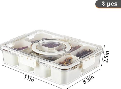 Eanpet 2Pack Divided Veggie Tray with Lid and Handle 8 Compartment Serving Tray with Dividers Portable Travel Snack Containers Stackable Snackle Box Charcuterie Container for Fruit,Vegetable,Salad