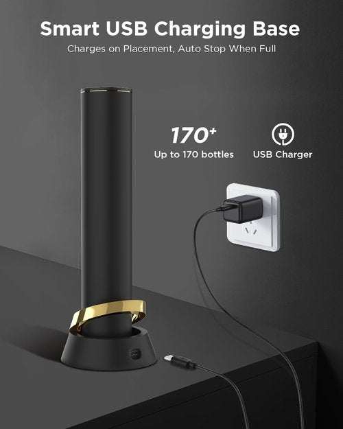 Newise Rechargeable Electric Wine Opener with Charging Base & Foil Cutter, Automatic Corkscrew for 60 Bottles, Luxury Gift for Wine Lovers Women Men - Gold & Black