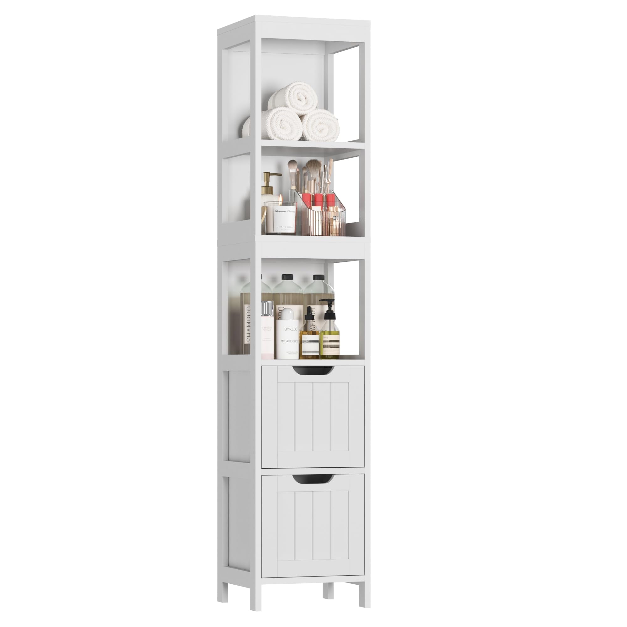 HOMEFORT Bathroom Storage Cabinet, Slim Tall Cabinet, Narrow Floor Cabinet Organizer, Wooden Linen Tower with 2 Drawers and 3 Shelves, Freestanding Cupboard White