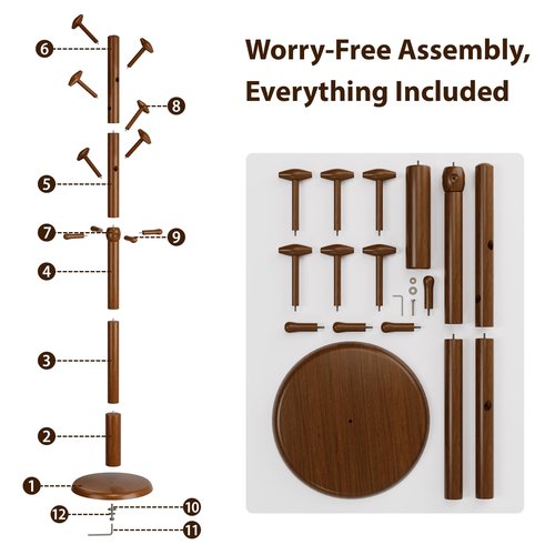 Taitiy Solid Wood Coat Rack Freestanding Coat Tree with 10 Hooks for Bedroom, Livingroom, Entryway, Sturdy Coat Hanger Stand for Hats, Coats, Scarves, Handbags, Purses