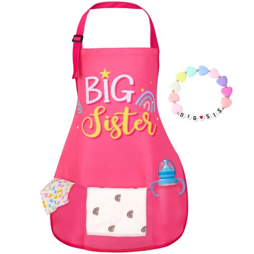 XLSXEXCL Big Sister Apron with Pockets, “Big Sister” Funny Apron Gifts for Girls, Adjustable Toddler Apron for girls for Cooking, Baking, Painting, Gardening (Pink)