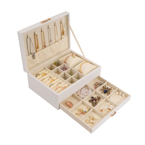 MOSISO Jewelry Box for Women, Large PU Leather Jewelry Organizer Drawer Storage Case with 2 Layers Display for Earrings Bracelets Rings Necklaces Watch Holder, White