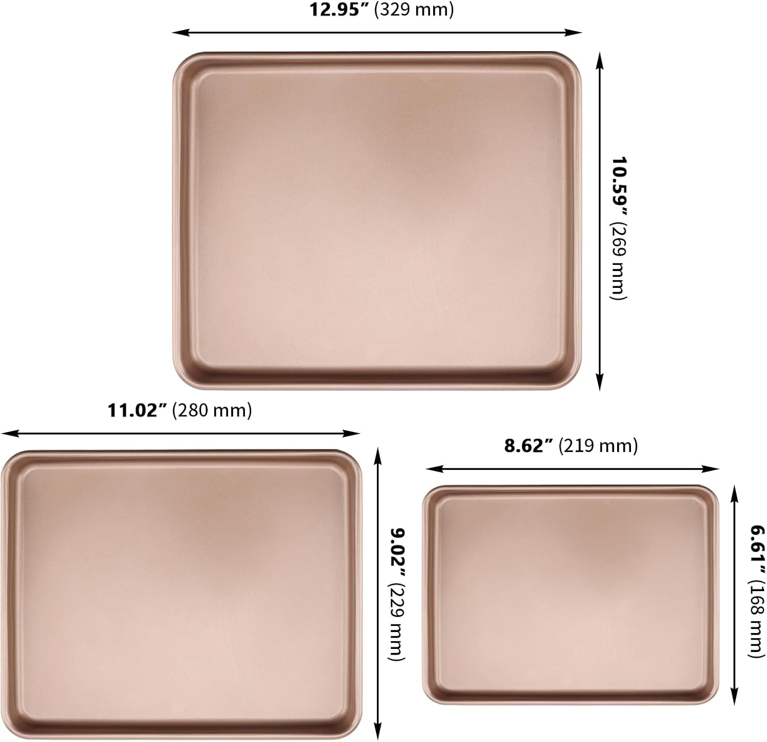 ZOENHOU Nonstick Baking Sheet Pan Set - 3 Sizes (9, 11, 13 Inch) | Ideal for Cookies, Cakes & Bread - Rose Gold