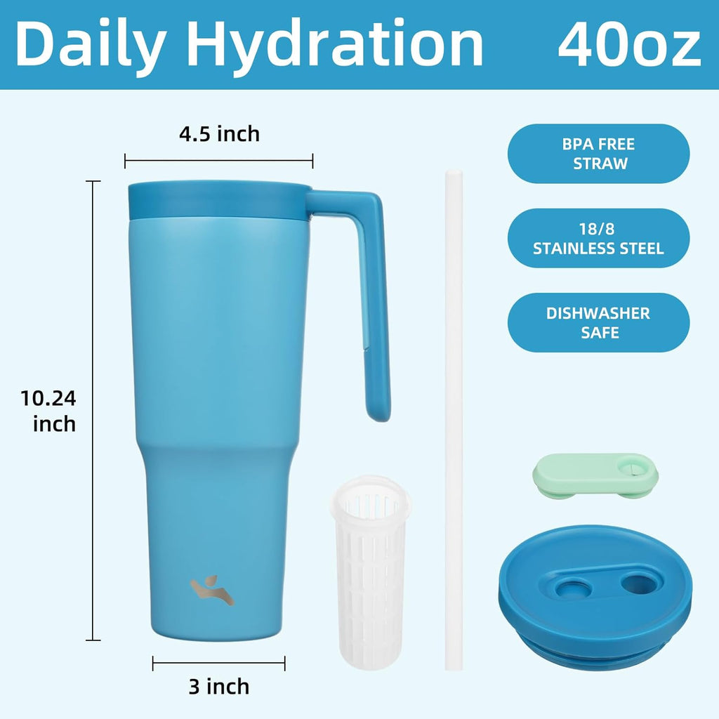 Skiennix Insulated Tumbler - 40 OZ Stainless Steel Travel Mug with Handle, Straw & Fruit Diffuser | Dark Blue