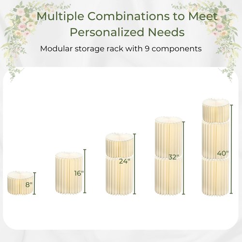 Merrifete Stacking-Block Design Cake Stands for Party, Customizable Height, Sturdy Cardboard Column with Acrylic Plate, Reusable Round Cylinder Stands for Party for Birthday, 9PCS, Milky White