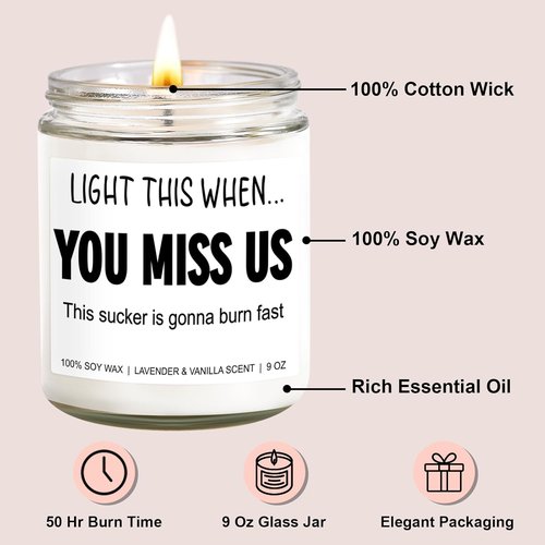 Funny Scented Candle, We Will Miss You, Moving Away Gifts for Friend, Farewell, Goodbye, Going Away Gifts for Coworkers Women, Men, Boss, Coworker Leaving, Retirement Presents - 9 oz
