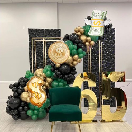 150Pcs Dollar Balloon Arch Kit, Green Metallic Gold Black Balloons with Dollar Foil Balloons for Birthday Money Theme Casino Anniversary Poker Night Party Decorations