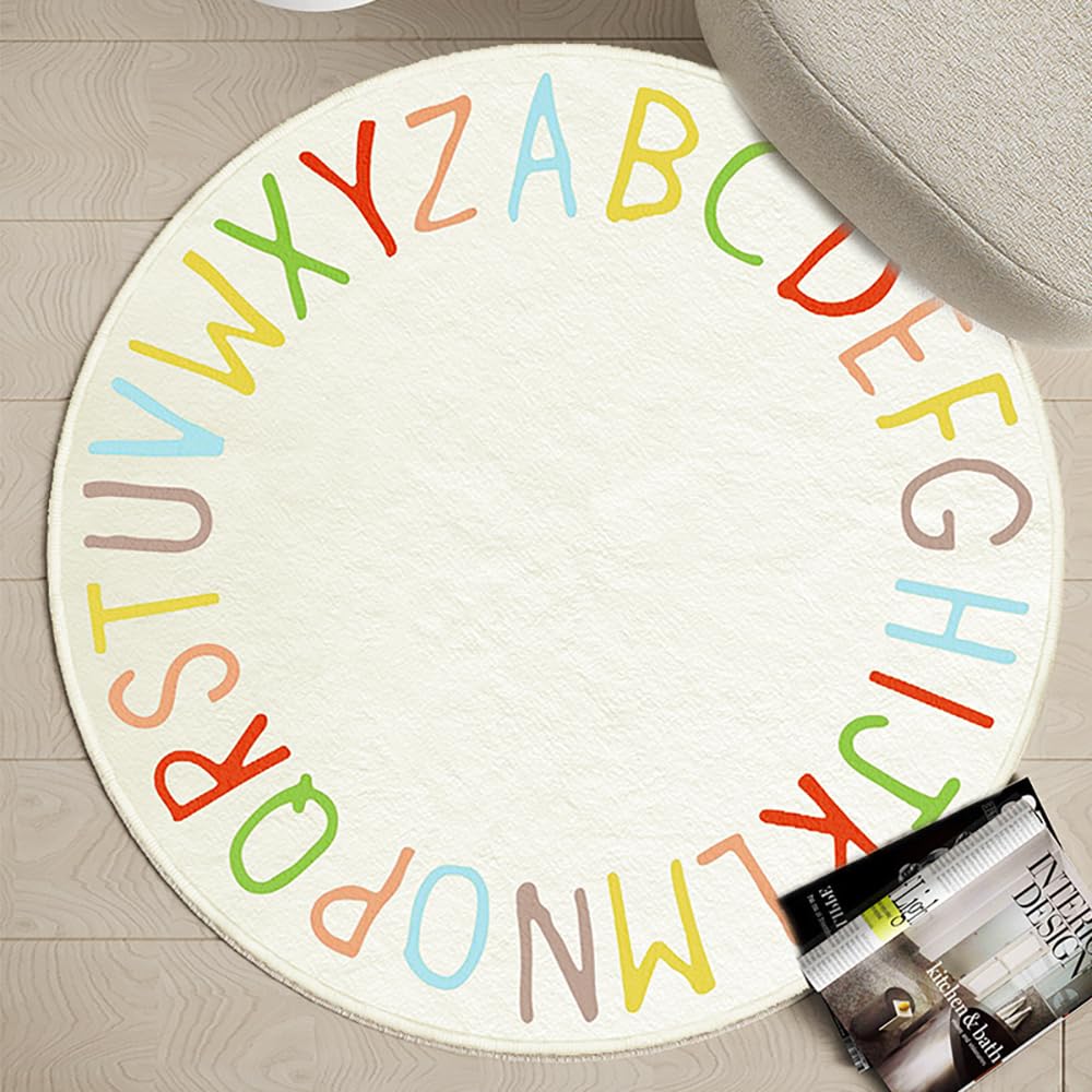SHIPKEY Round Kids' Rug, Play Rug for Boys, Colored Alphabet Nursery Area Rugs, Kids Bedroom Rugs, Non-Slip Mat, Carpet for Living Room (4 feet)