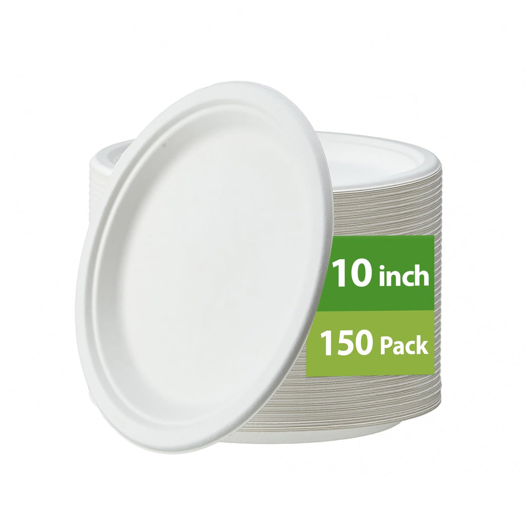 Jaluxing [150-Pack 10 Inch Paper Plates, Heavy Duty Disposable Party Plates Sugarcane Bagasse, White Unbleached 10" Dinner Paper Plate