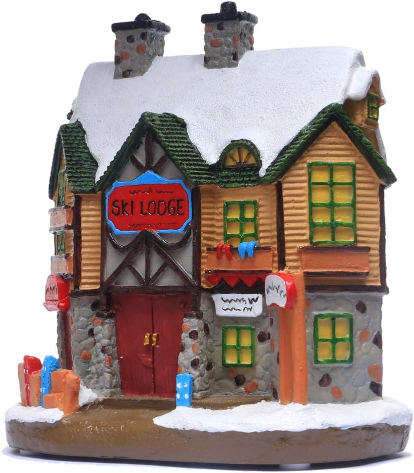 Skiennix Christmas Village House - Lighted Winter Ski Lodge Scene Decoration | Festive Ornament