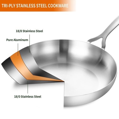 DELARLO Whole Body Tri-Ply Stainless Steel 12 Inch Frying Pan With Lid, kitchen large Skillet Suitable for All Stove Up to 600℉, 18/10 Cookware