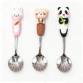 Cute Animal Design Stainless Steel Shell Spoons, Silver and White, Kids Tableware with Decorative Panda and Bear Handles, 3 Pack