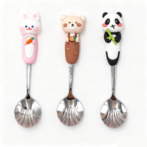 Cute Animal Design Stainless Steel Shell Spoons, Silver and White, Kids Tableware with Decorative Panda and Bear Handles, 3 Pack