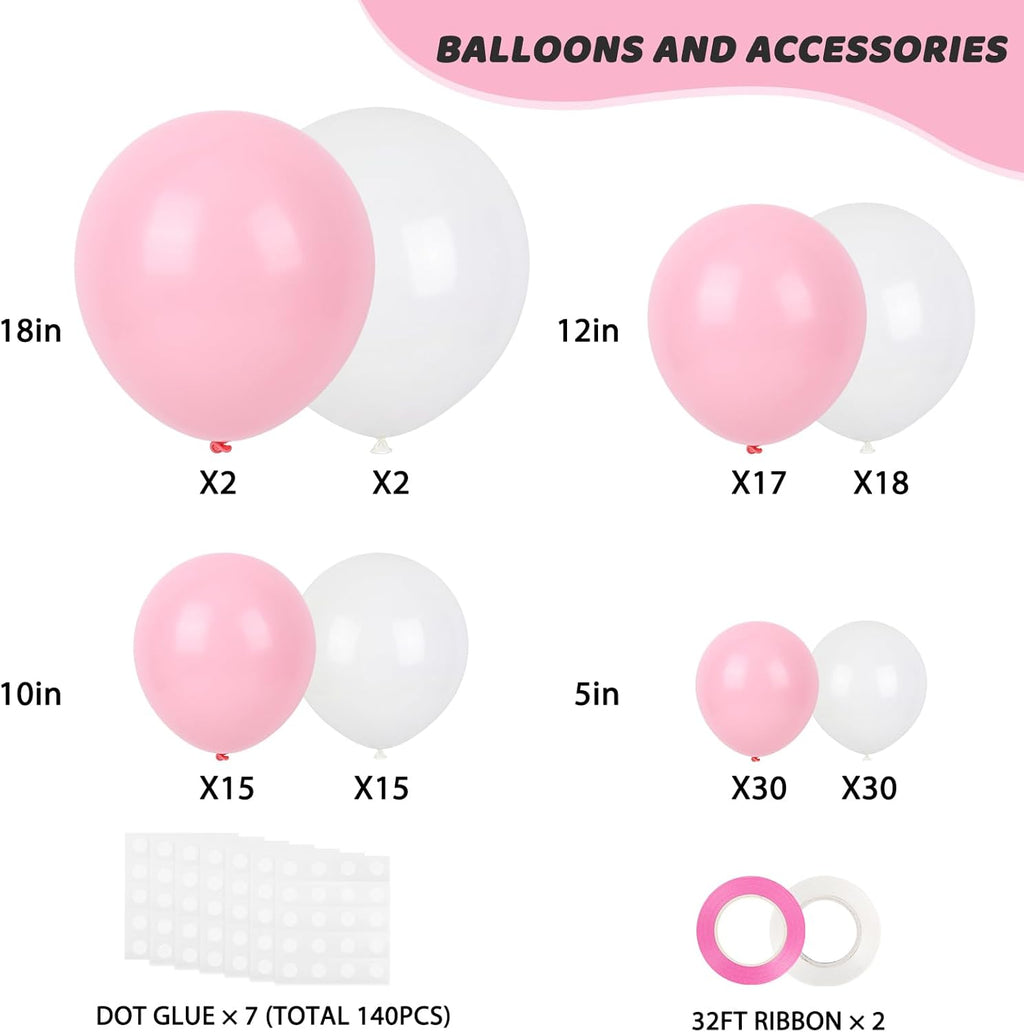 RUBFAC Latex Balloon Garland Kit - 129pcs in White & Pink - Perfect for Baby Showers & Parties