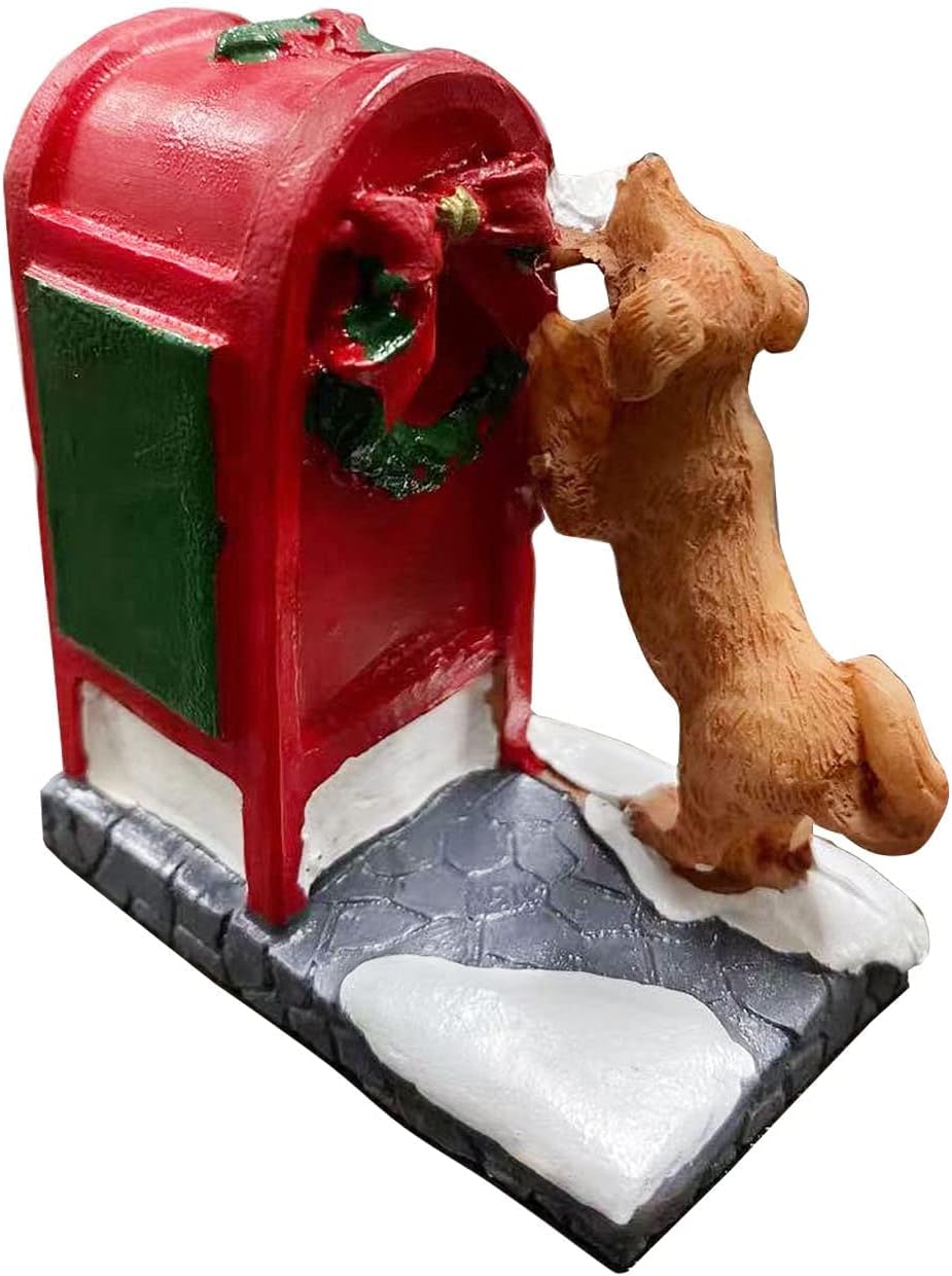Skiennix Christmas Village Accessories - Letter to Santa Mailbox Set with Cute Puppy Resin Statues