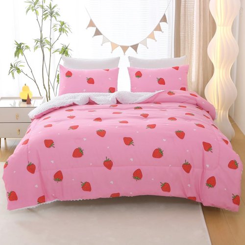 Gusuhome Girls Strawberry Comforter Set Full Size Pink Bedding Set for Kids Teens 3 Piece Young Lady Kawaii Bedding Bed in a Bag All Season