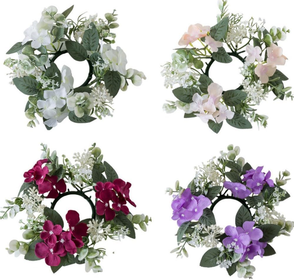 Skiennix Candle Rings - Artificial Hydrangea & Eucalyptus Wreaths for Pillar Candles | Purple, 2 Pcs Set