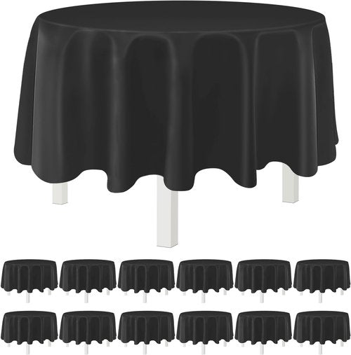 Black 12-Pack Plastic Tablecloths - 84" Round Disposable Table Covers for Parties and Events